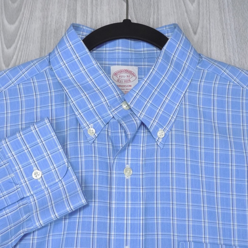 Brooks Brothers Madison Dress Shirt Mens 15.5-32 Blue Button-Down Plaid Supima